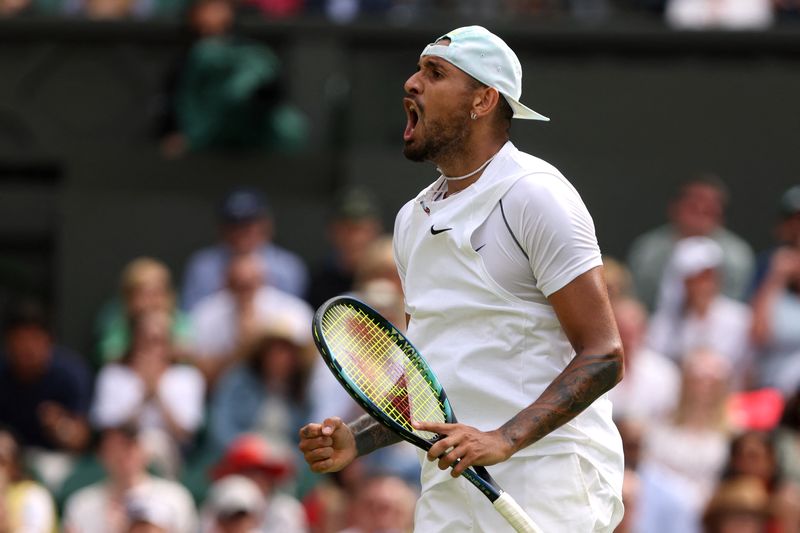 &copy; Reuters. Tennis - Wimbledon - All England Lawn Tennis and Croquet Club, London, Britain - July 4, 2022  Australia's Nick Kyrgios reacts during his fourth round match against Brandon Nakashima of the U.S. REUTERS/Paul Childs