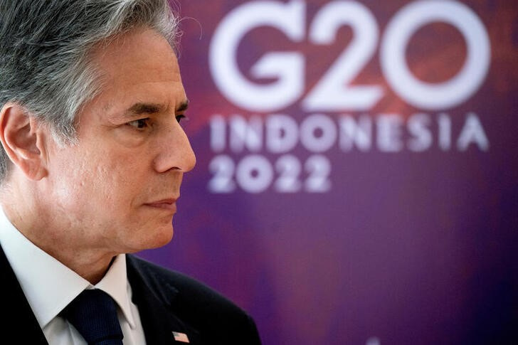 &copy; Reuters. 　７月８日、ブリンケン米国務長官は、Ｇ２０外相会合で、ロシアにウクライナからの穀物輸出を可能にするよう求めた。西側政府関係者が明らかにした。代表撮影（２０２２年　ロイター