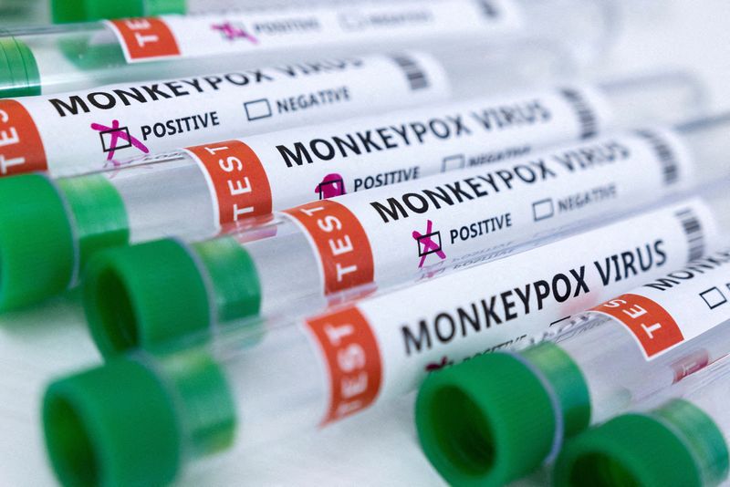 &copy; Reuters. IMAGEN DE ARCHIVO. Una ilustración muestra tubos con etiquetas de "Virus de Viruela del Mono positivo y negativo". Mayo 23, 2022. REUTERS/Dado Ruvic/Ilustración