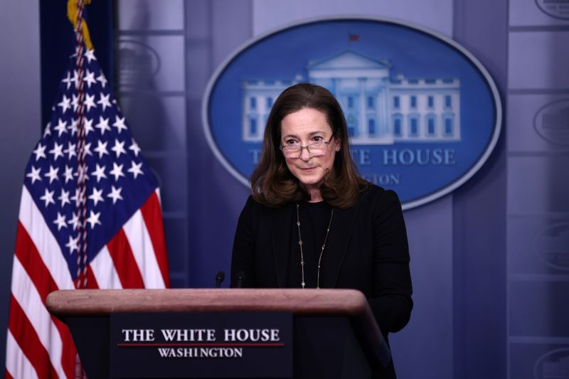 &copy; Reuters. FILE PHOTO: Executive Director of the Gender Policy Council Jennifer Klein delivers remarks during a daily press briefing at the White House in Washington, U.S., March 8, 2021. REUTERS/Tom Brenner