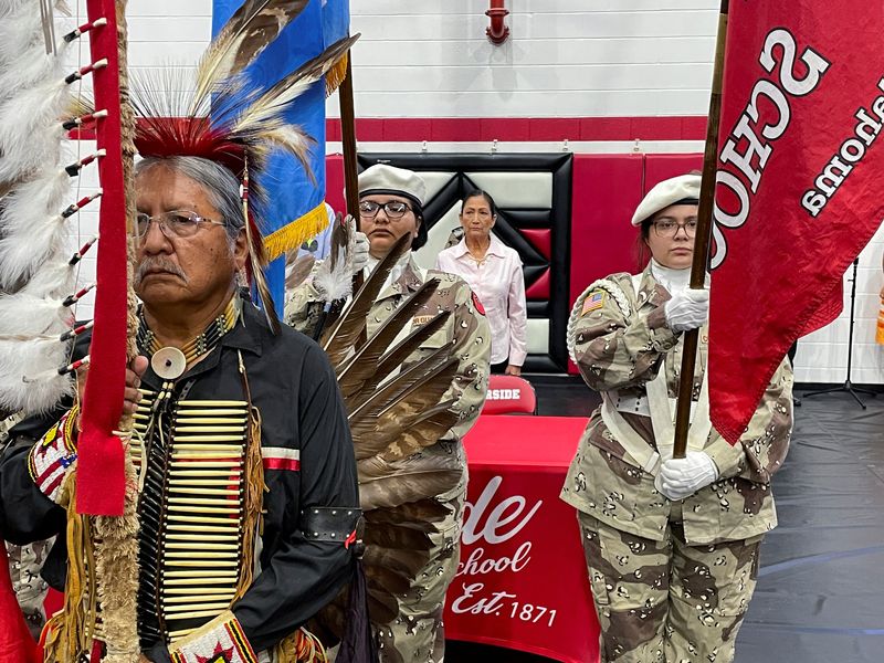 &copy; Reuters. U.S. Interior Secretary Deb Haaland stands behind a Native American color guard ahead of an event in Anadarko, Oklahoma, U.S., July 9, 2022.  REUTERS/Brad Brooks