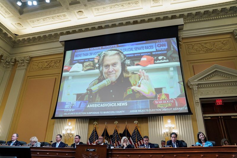 &copy; Reuters. FILE PHOTO: A video of Steve Bannon, talk show host and former White House advisor to former President Donald Trump, is seen displayed on a screen, during the third of eight planned public hearings of the U.S. House Select Committee to investigate the Jan