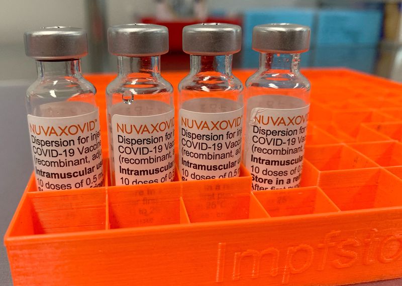 &copy; Reuters. FILE PHOTO: Four vials with the "Nuvaxovid" COVID-19 vaccine from Novavax are pictured in Saabruecken, Germany, February 26, 2022.     REUTERS/Frank Simon/File Photo