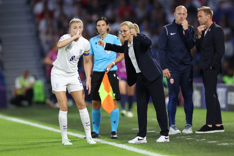 &copy; Reuters. Soccer Football - Women's Euro 2022 - Group A - England v Norway - The American Express Community Stadium, Brighton, Britain - July 11, 2022 England manager Sarina Wiegman and Leah Williamson react REUTERS/Matthew Childs
