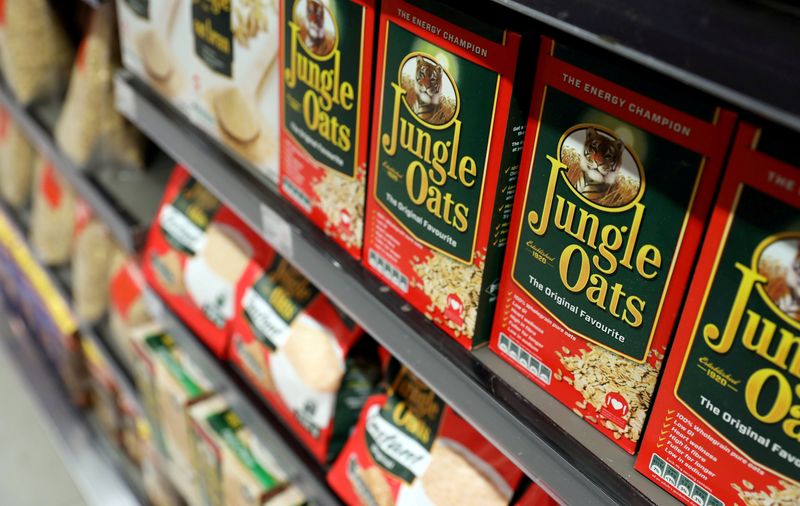 &copy; Reuters. FILE PHOTO: Boxes of Jungle Oats, one of South Africa's Tiger Brands original products, are seen on a shelf at an outlet of retailer Woolworths in Sandton, South Africa, August 28, 2019. REUTERS/Siphiwe Sibeko