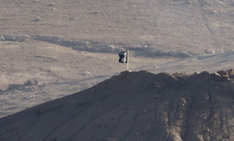 © Reuters. Foto de archivo tomada desde la frontera de una bandera negra del grupo Estado Islámico cerca de la localidad siria de Kobani
Oct 6, 2014. REUTERS/Umit Bektas/ 

