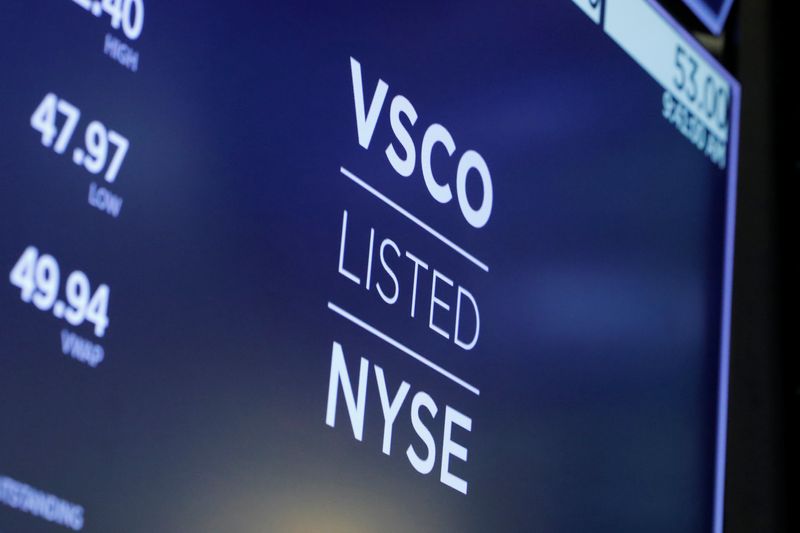 &copy; Reuters. FILE PHOTO: The ticker symbol of Victoria's Secret & Co. is seen on the trading floor at the New York Stock Exchange (NYSE) in Manhattan, New York City, U.S., August 3, 2021. REUTERS/Andrew Kelly