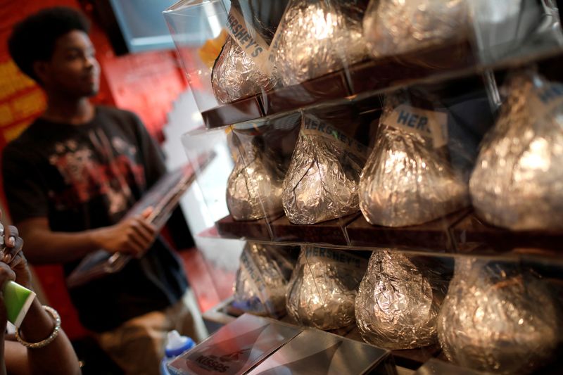 &copy; Reuters. FILE PHOTO: Giant Hershey's Kiss chocolates are seen on display in a shop in New York City, U.S., July 20, 2017.  REUTERS/Mike Segar
