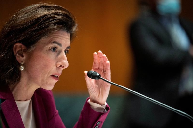 &copy; Reuters. FILE PHOTO: Commerce Secretary Gina Raimondo testifies before the Senate Appropriations Subcommittee on Commerce, Justice, Science, and Related Agencies during a hearing on expanding broadband access on Capitol Hill in Washington, D.C., U.S. February 1, 2