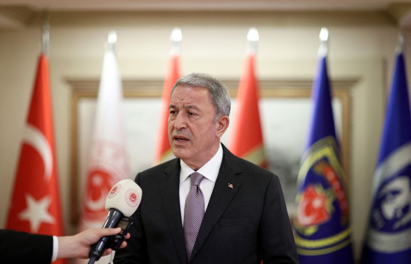 © Reuters. Turkish Defence Minister Hulusi Akar talks after Russian, Ukrainian and Turkish military delegations met with U.N. officials in Istanbul, Turkey July 13, 2022. Turkish Defence Ministry/Handout via REUTERS ATTENTION EDITORS - THIS PICTURE WAS PROVIDED BY A THIRD PARTY. NO RESALES. NO ARCHIVES.