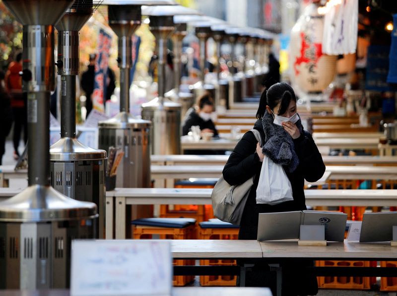 &copy; Reuters. FOTO DE ARCHIVO: Una mujer con mascarilla en un restaurante al aire libre después de que el Gobierno declarara el segundo estado de emergencia para la capital y algunas prefecturas, durante el brote de COVID-19 en Tokio, Japón, 9 de enero de 2021. REUTE