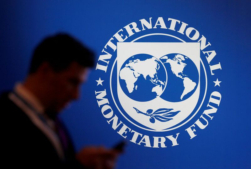 &copy; Reuters. FILE PHOTO: A participant stands near a logo of IMF at the International Monetary Fund - World Bank Annual Meeting 2018 in Nusa Dua, Bali, Indonesia, October 12, 2018. REUTERS/Johannes P. Christo/