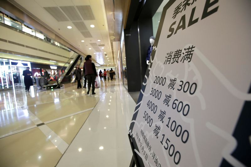 &copy; Reuters. FILE PHOTO: A poster promoting discounts is placed outside a store at a shopping center in Beijing, China December 14, 2018. REUTERS/Jason Lee