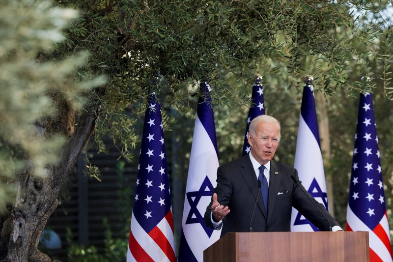 &copy; Reuters. الرئيس الأمريكي جو بايدن يتحدث في القدس يوم الخميس. تصوير: إيفلين هوكستاين - رويترز.