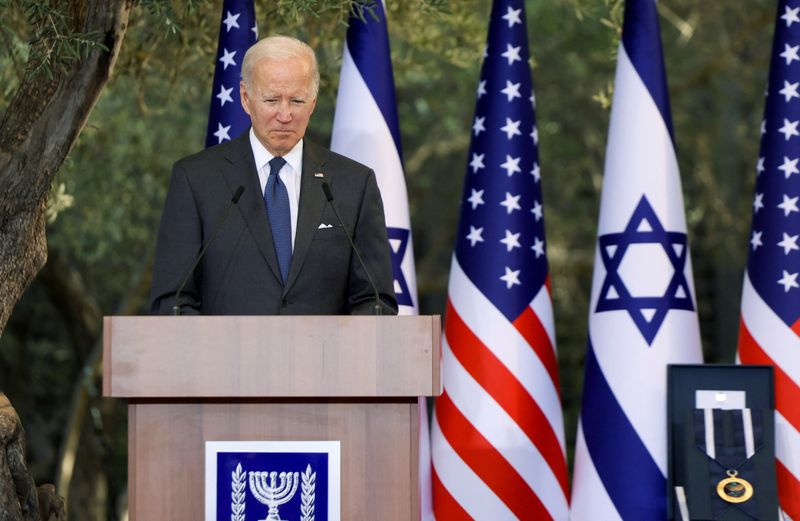 &copy; Reuters. الرئيس الأمريكي جو بايدن يتحدث في القدس يوم الخميس. تصوير: إيفلين هوكستاين - رويترز.