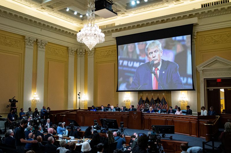 &copy; Reuters. Former US President Donald Trump displayed on a screen during a hearing of the Select Committee to Investigate the January 6th Attack on the US Capitol in Washington, DC, U.S. June 21, 2022. Al Drago/Pool via REUTERS