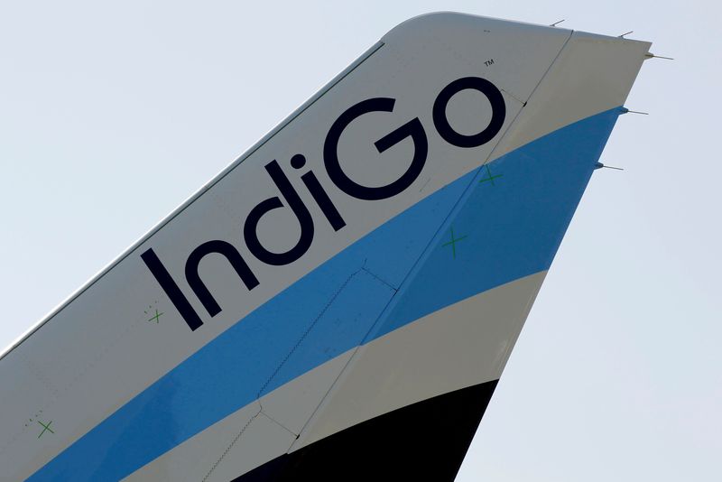 &copy; Reuters. شعار شركة طيران إنديجو الهندية على ذيل طائرة في مطار بالقرب من تولوز في صورة من أرشيف رويترز.
