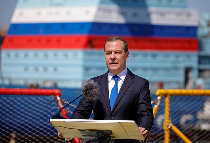 &copy; Reuters. FILE PHOTO: Dmitry Medvedev, Deputy Chairman of Russia's Security Council, delivers a speech during a ceremony marking Shipbuilder's Day in Saint Petersburg, Russia June 29, 2022. Sputnik/Valentin Yegorshin/Pool