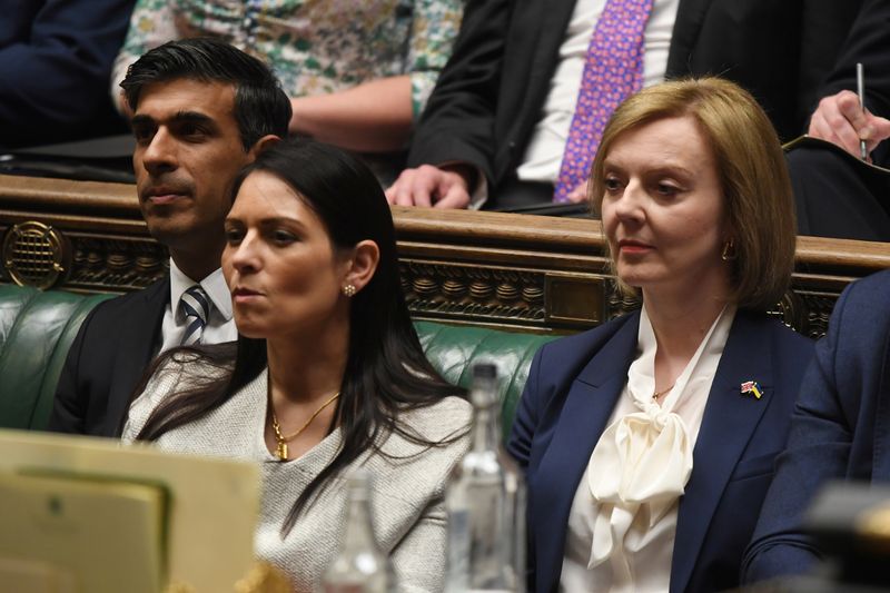 © Reuters. FILE PHOTO: British Chancellor of the Exchequer Rishi Sunak, British Home Secretary Priti Patel and British Foreign Secretary Liz Truss attend a session at the House of Commons, in London, Britain, April 19, 2022. UK Parliament/Jessica Taylor/Handout via REUTERS