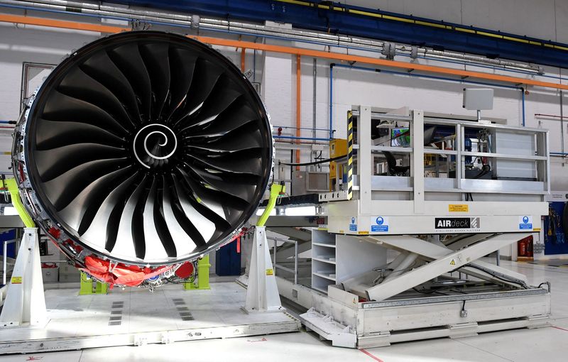 © Reuters. FILE PHOTO: Rolls Royce Trent XWB engines, designed specifically for the Airbus A350 family of aircraft, are seen on the assembly line at the Rolls Royce factory in Derby, November 30, 2016.  REUTERS/Paul Ellis/Pool/File Photo
