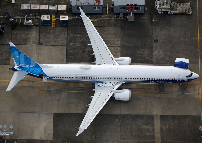 &copy; Reuters. FILE PHOTO: An aerial view of a Boeing 737 MAX 10 airplane parked at King County International Airport-Boeing Field in Seattle, Washington, U.S, June 1, 2022. REUTERS/Lindsey Wasson