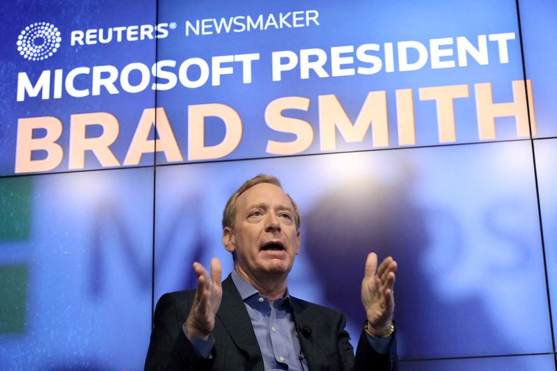 &copy; Reuters. FILE PHOTO: Microsoft President Brad Smith speaks during a Reuters Newsmaker event in New York, U.S., September 13, 2019. REUTERS/Gary He
