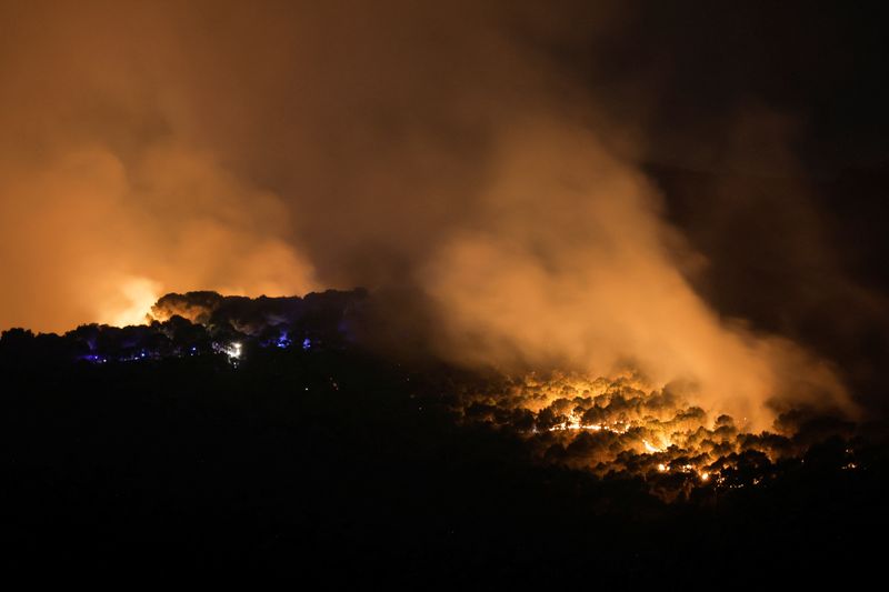 &copy; Reuters. حريق غابات مشتعل خلال الليل في جنوب إسبانيا  يوم 16 يوليو تموز 2022. تصوير: جون نازكا - رويترز.