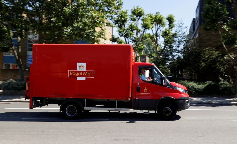 &copy; Reuters. FILE PHOTO: A Royal Mail delivery vehicle drives along a road near Mount Pleasant, in London, Britain, June 25, 2020. Picture taken June 25, 2020.  REUTERS/John Sibley/File Photo