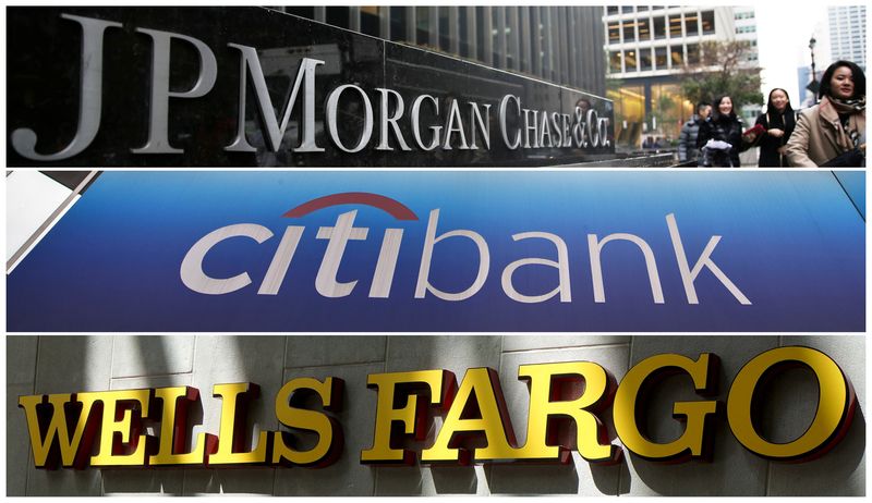 &copy; Reuters. FILE PHOTOS: Signs of JP Morgan Chase Bank, Citibank and Wells Fargo & Co. bank are seen in this combination photo from Reuters files.   REUTERS/File Photos