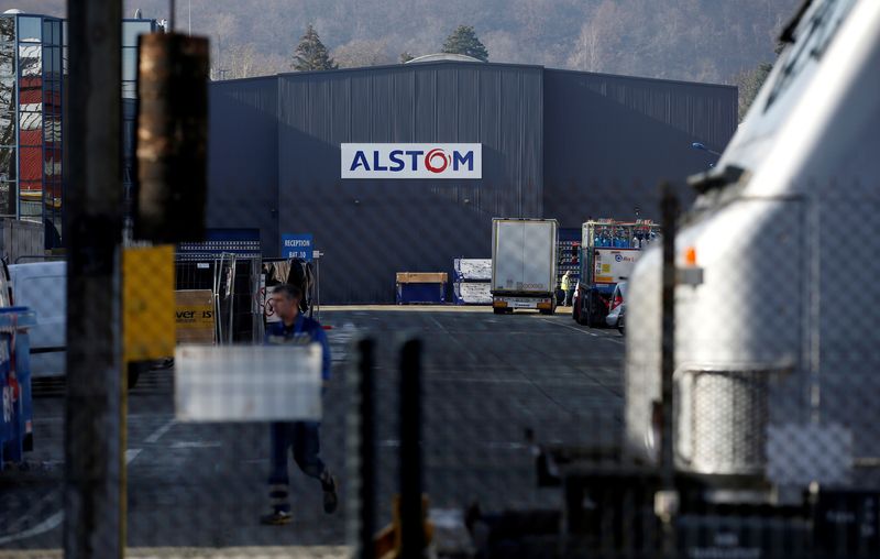 &copy; Reuters. FILE PHOTO: The logo of Alstom is seen at the company's TGV high-speed train factory in Belfort, France, February 6, 2019.   REUTERS/Vincent Kessler