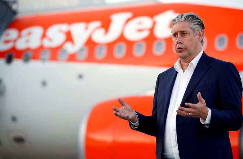 &copy; Reuters. FILE PHOTO: EasyJet CEO Johan Lundgren gestures as he talks to media at Gatwick Airport, Britain, June 15, 2020. REUTERS/Peter Cziborra
