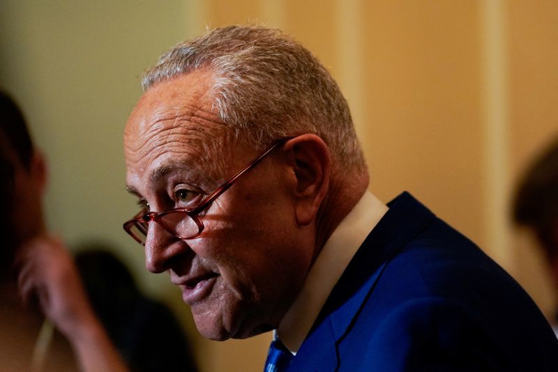 &copy; Reuters. FILE PHOTO: U.S. Senate Majority Leader Chuck Schumer (D-NY) speaks to reporters following the Senate Democrats weekly policy lunch at the U.S. Capitol in Washington, U.S., June 22, 2022. REUTERS/Elizabeth Frantz/File Photo