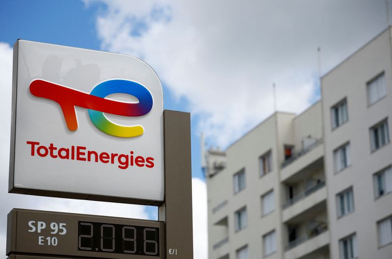 &copy; Reuters. FILE PHOTO: A sign with the logo of French oil and gas company TotalEnergies is pictured at a petrol station in Nantes, France, June 30, 2022. REUTERS/Stephane Mahe