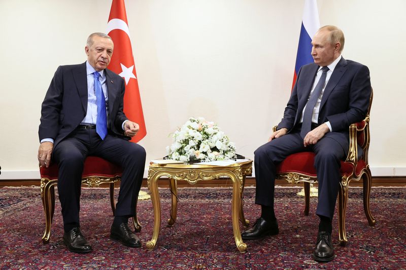 &copy; Reuters. الرئيس التركي رجب طيب أردوغان يجتمع مع نظيره الروسي فلاديمير بوتين يوم الثلاثاء في طهران. صورة من وكالة سبوتنيك حصلت عليها رويترز من طرف ثال