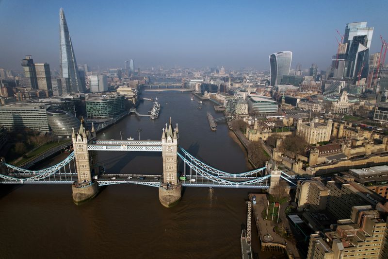 &copy; Reuters. FILE PHOTO: A general view of London showing Tower Bridge, The Shard, London City Hall, The Fenchurch Building, also known as The Walkie Talkie, The Tower Of London, St. Paul's Cathedral, in London, Britain, March 23, 2022.  Picture taken with a drone.   