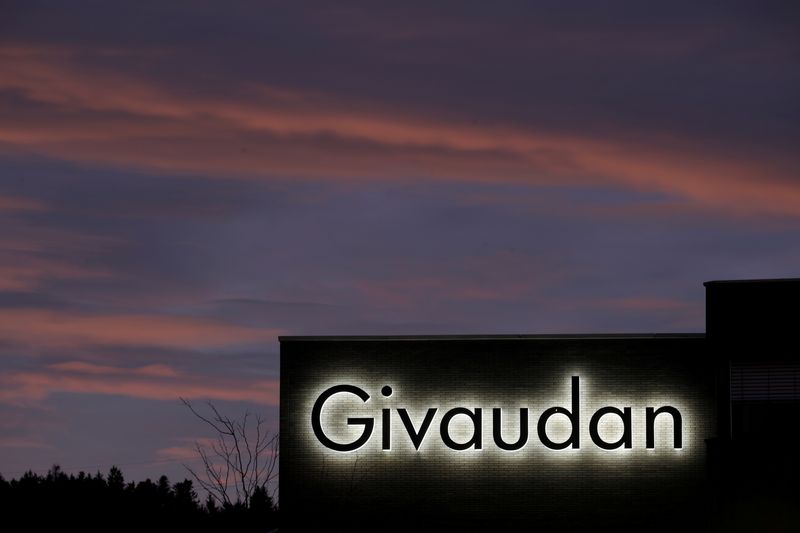 &copy; Reuters. FILE PHOTO: The logo of Swiss flavours and fragrances maker Givaudan is seen at its innovation center in Kemptthal, Switzerland January 10, 2020. REUTERS/Arnd Wiegmann