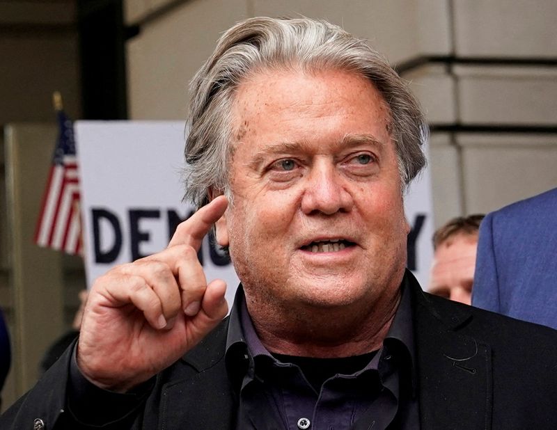 &copy; Reuters. FILE PHOTO: Former Trump White House chief strategist Steve Bannon speaks after the opening day of his trial on contempt of Congress charges stemming from his refusal to cooperate with the U.S. House Select Committee investigating the Jan. 6, 2021, attack