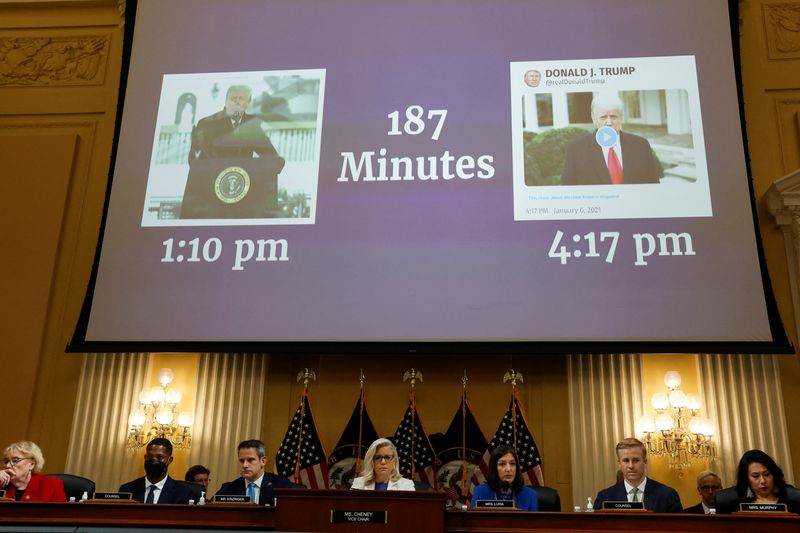 &copy; Reuters. Timeline between former U.S. President Donald Trump's statements is seen on a screen during a public hearing of the U.S. House Select Committee to investigate the January 6 Attack on the U.S. Capitol, on Capitol Hill, in Washington, U.S., July 21, 2022. R