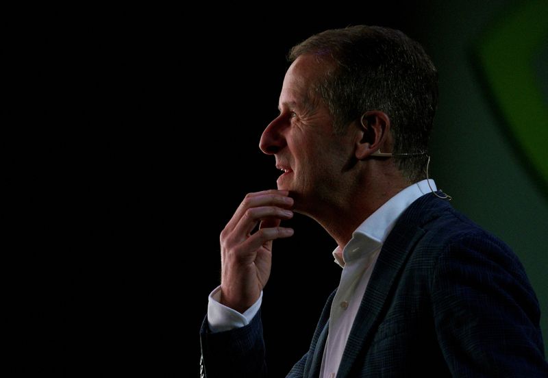 &copy; Reuters. FILE PHOTO: Volkswagen CEO Dr. Herbert Diess watches a video during the Nvidia keynote address at CES in Las Vegas, Nevada, U.S. January 7, 2018. REUTERS/Rick Wilking/File Photo