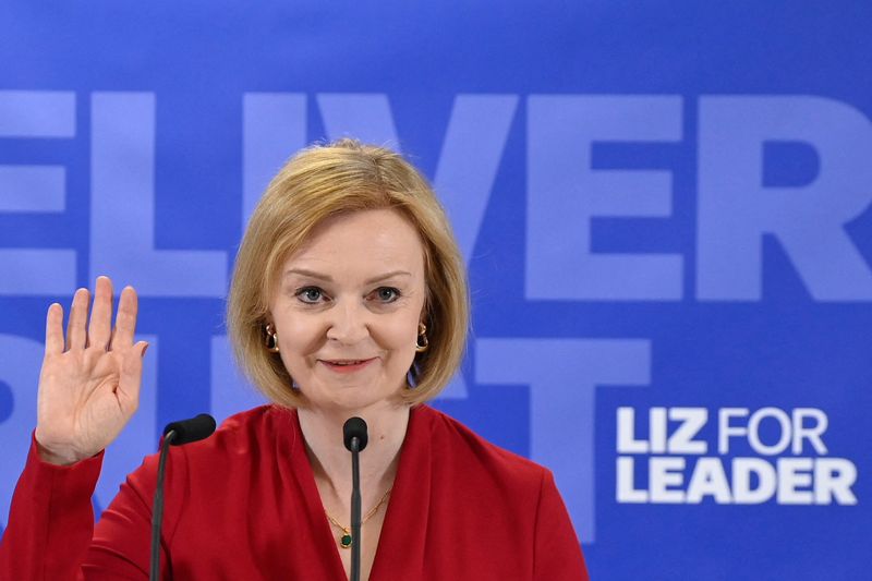 &copy; Reuters. FILE PHOTO: British Foreign Secretary and Conservative leadership campaign candidate Liz Truss speaks during her campaign launch event, in London, Britain July 14, 2022. REUTERS/Toby Melville