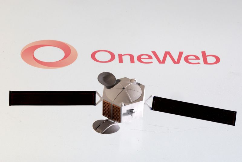 &copy; Reuters. Satellite model is placed on OneWeb logo in this illustration taken April 4, 2022. REUTERS/Dado Ruvic/Illustration