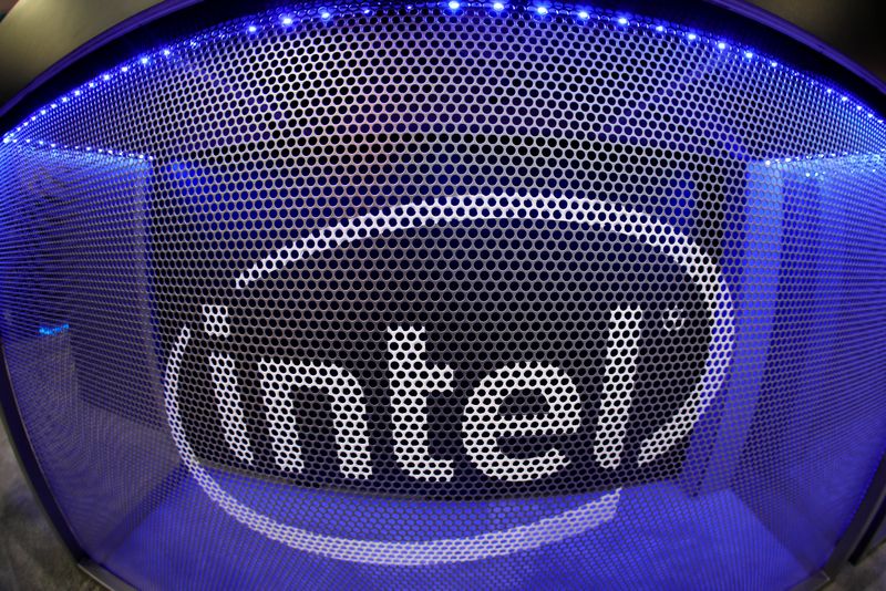 &copy; Reuters. FILE PHOTO: Computer chip maker Intel's logo is shown on a gaming computer display during the opening day of E3, the annual video games expo revealing the latest in gaming software and hardware in Los Angeles, California, U.S., June 11, 2019.  REUTERS/Mik