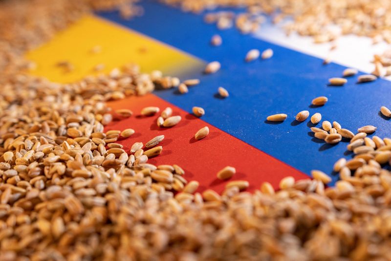 &copy; Reuters. FILE PHOTO: Grain is placed on Ukrainian and Russian flags in this picture illustration taken May 9, 2022. REUTERS/Dado Ruvic/Illustration/File Photo