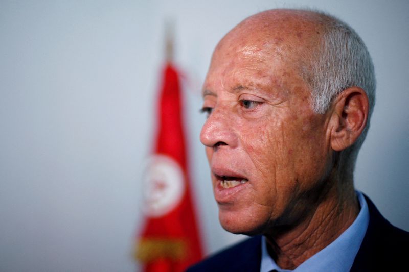 &copy; Reuters. FILE PHOTO: Presidential candidate Kais Saied speaks during an interview with Reuters, as the country awaits the official results of the presidential election, in Tunis, Tunisia September 17, 2019. REUTERS/Muhammad Hamed