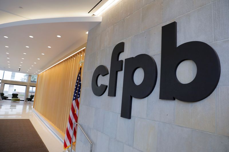 © Reuters. FILE PHOTO:  Signage is seen at the Consumer Financial Protection Bureau (CFPB) headquarters in Washington, D.C., U.S., May 14, 2021. REUTERS/Andrew Kelly