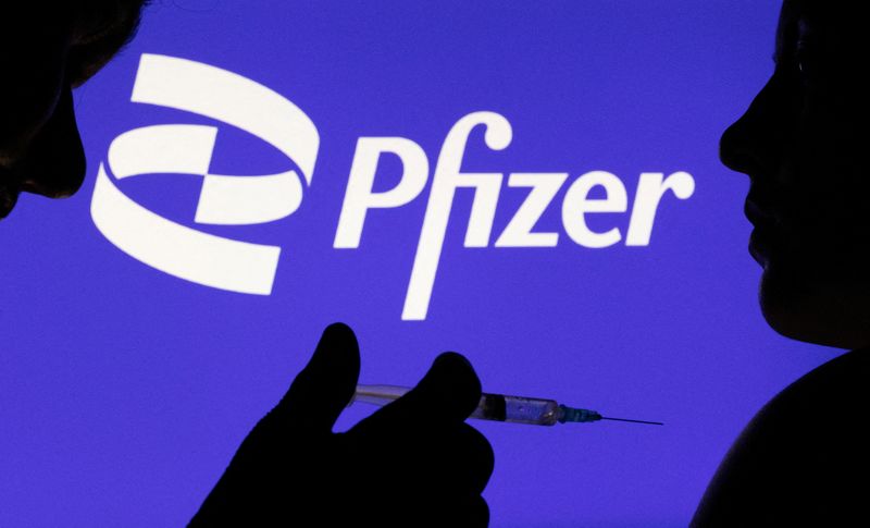 &copy; Reuters. FILE PHOTO: People pose with syringe with needle in front of displayed Pfizer logo in this illustration taken, December 11, 2021. REUTERS/Dado Ruvic/Illustration/File Photo