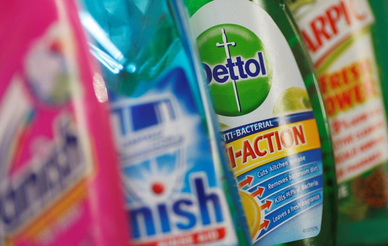 &copy; Reuters. FILE PHOTO: Products produced by Reckitt Benckiser; Vanish, Finish, Dettol and Harpic, are seen in London February 12, 2008. REUTERS/Stephen Hird   