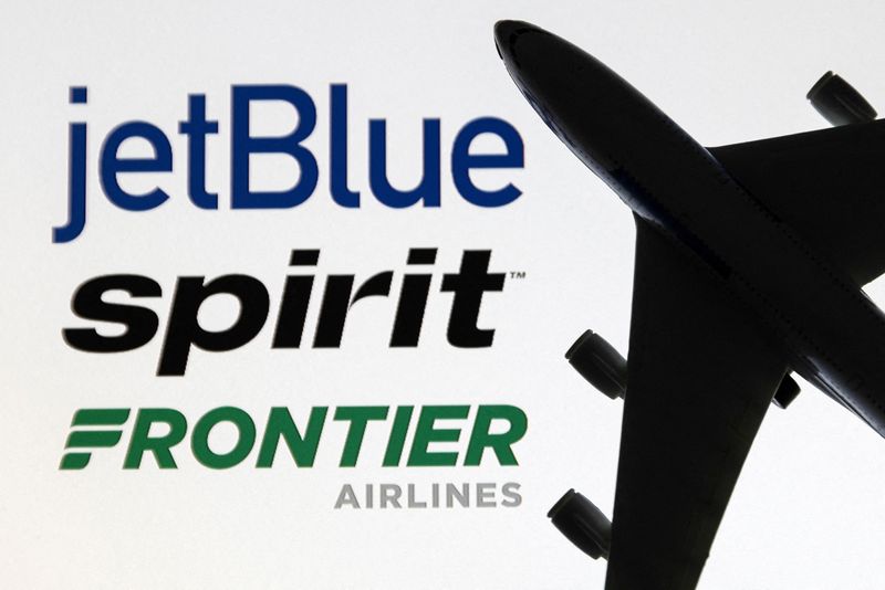 © Reuters. FILE PHOTO: JetBlue, Spirit and Frontier Airlines logos are seen in this illustration taken June 27, 2022. REUTERS/Dado Ruvic/Illustration/File Photo