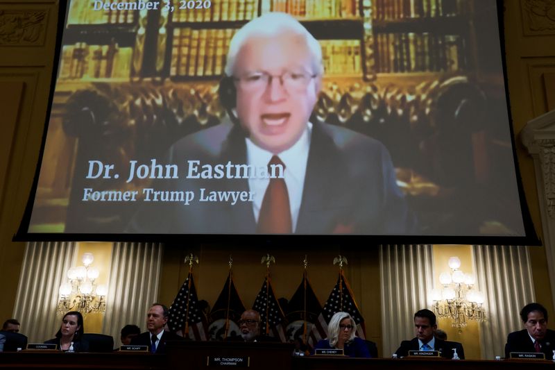 &copy; Reuters. FILE PHOTO: John Eastman, former attorney for former U.S. President Donald Trump, is seen speaking in a video displayed above during the fourth of eight planned public hearings of the U.S. House Select Committee to investigate the January 6 Attack on the 