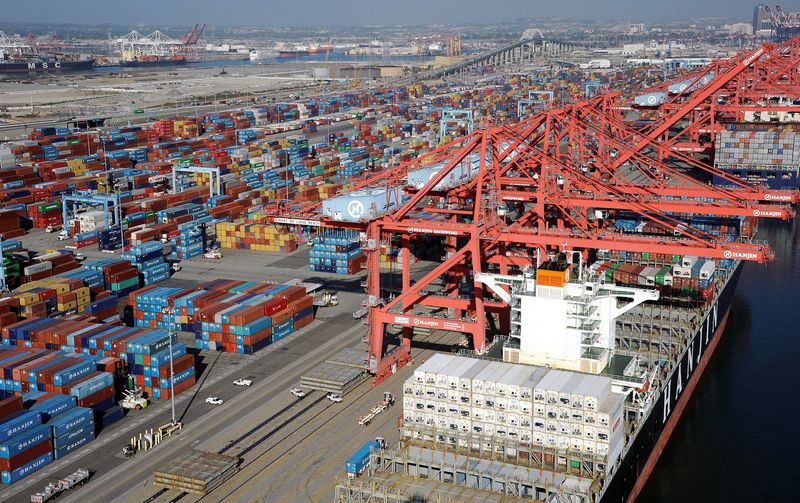 &copy; Reuters. FILE PHOTO: Cranes and containers are seen at the Ports of Los Angeles and Long Beach, California February 6, 2015 in this aerial image.  REUTERS/Bob Riha Jr/